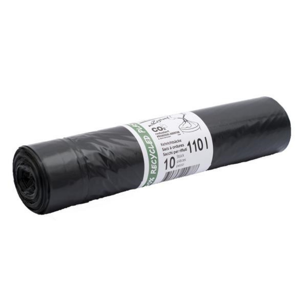 Kehrichtsäcke mit Zugband 110 Liter, LD-PE Recycling, schwarz, Swiss Made, 720 × 1030 mm, 0,045 15 Rollen