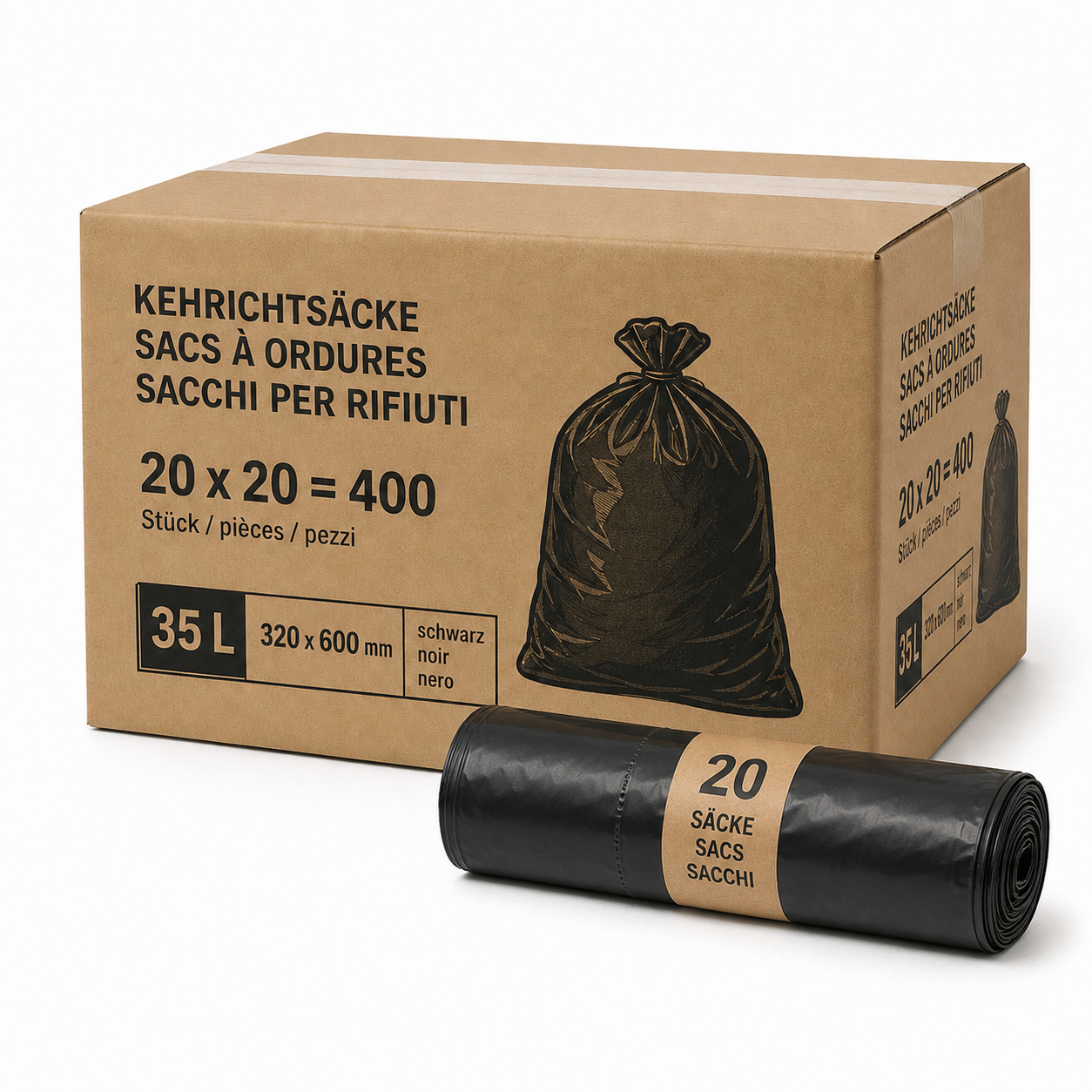 400 Kehrichtsäcke 35 L schwarz HD/LLD-PE – Umkarton à 20 Rollen