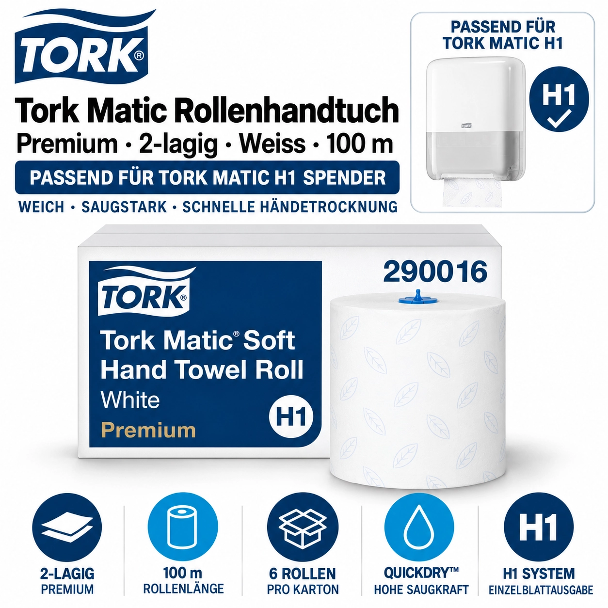 6 Rollen Tork 290016 Matic weiches Rollenhandtuch H1 Premium, 2-lagig weiss