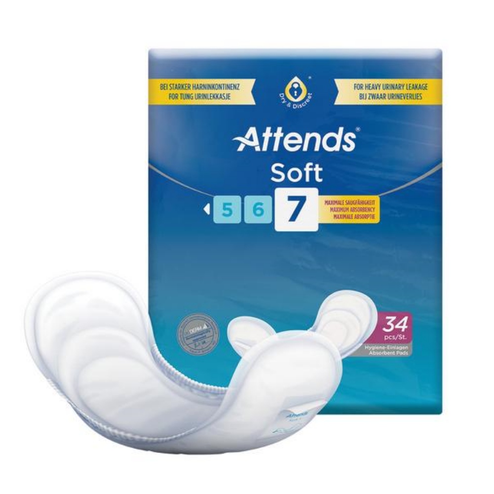 ATTENDS Soft Hygiene-Einlagen atmungsaktiv, mit Klebestreifen, 7, bei leichter bis starker 34 Stück