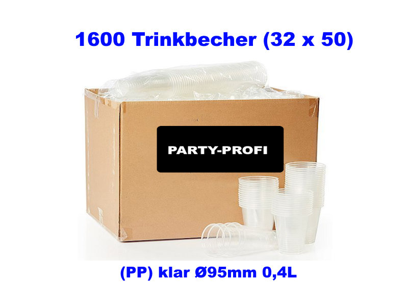1600x Trinkbecher (PP) klar Ø95mm 0,4L - 32x50 Stück