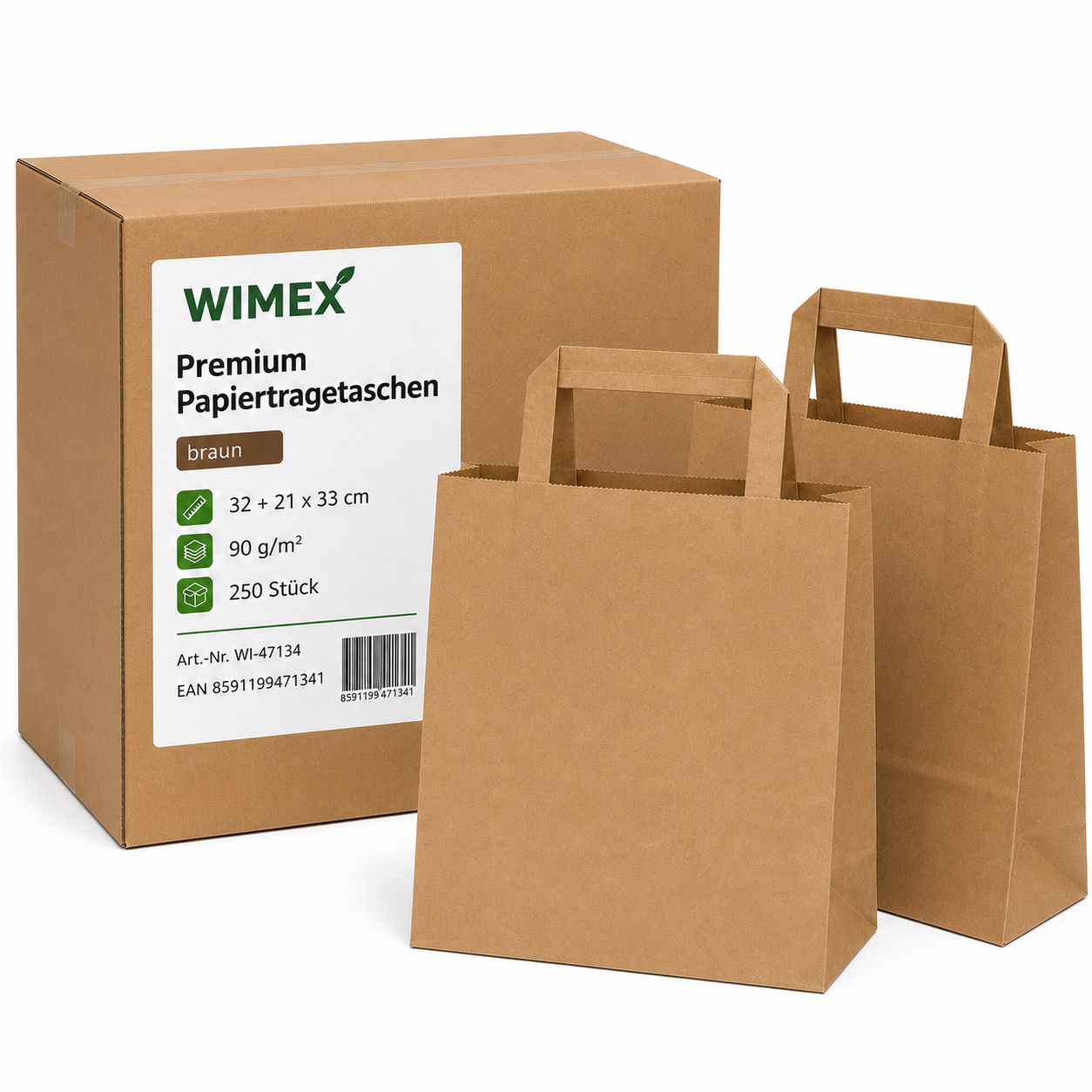 250 WIMEX Premium Papiertragetaschen braun 32 + 21 × 33 cm, 90 g/m²