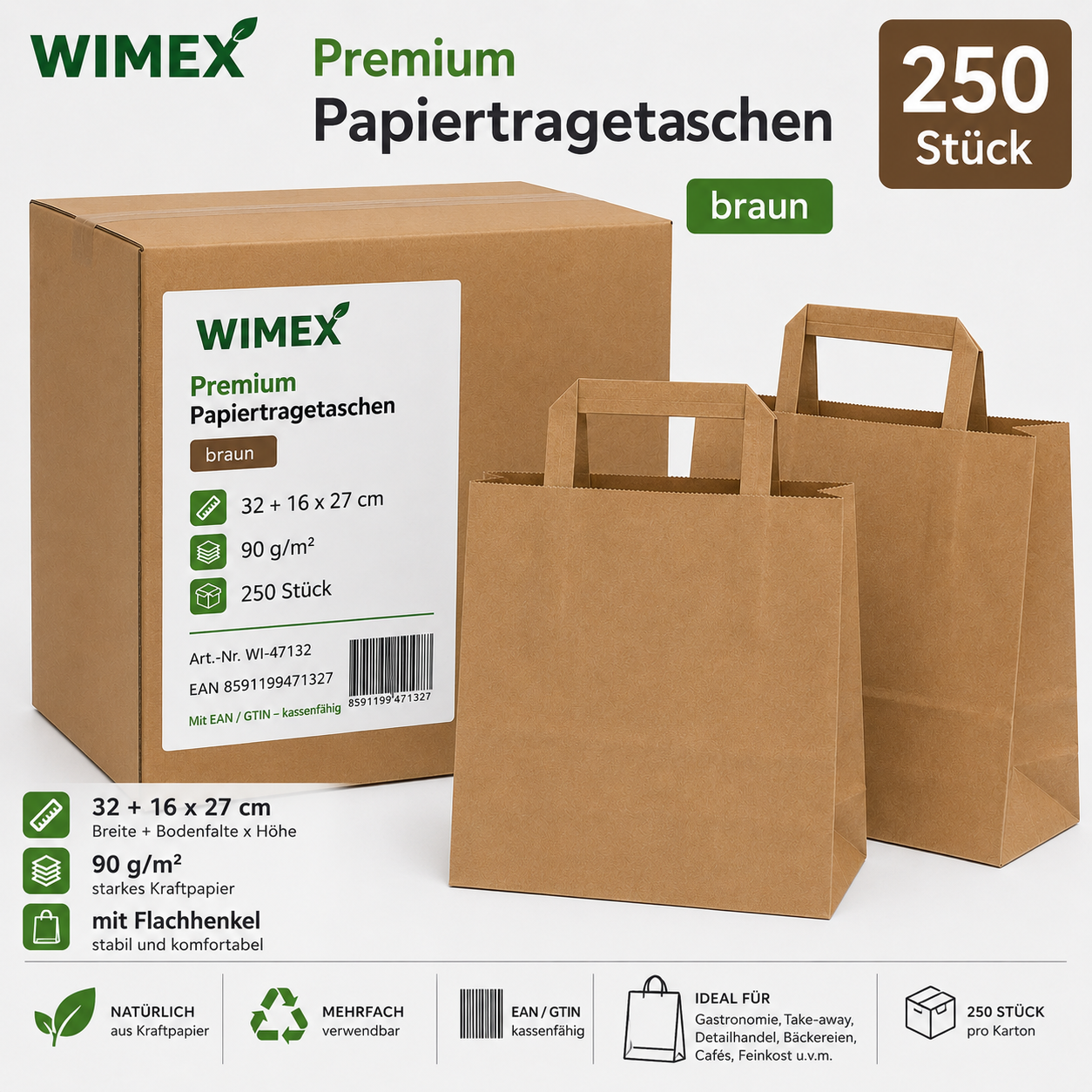 Papiertragetasche braun 32+16 x 27 cm - 250 Stück