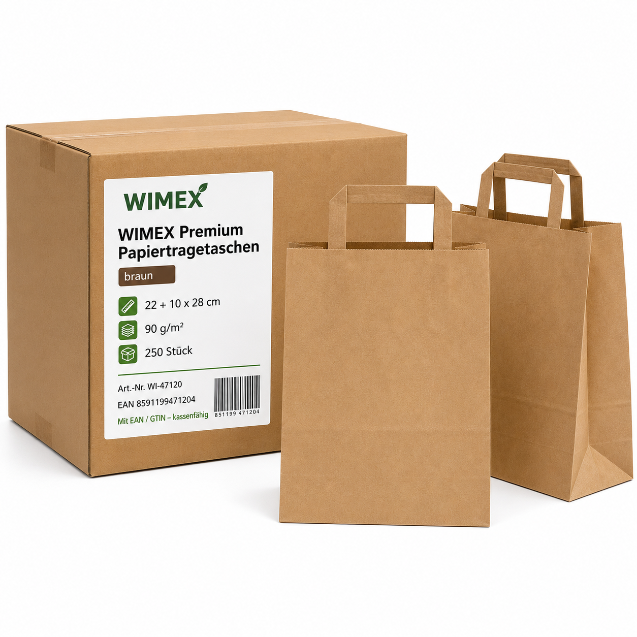 250 WIMEX Premium Papiertragetaschen braun 22 + 10 × 28 cm, 90 g/m²