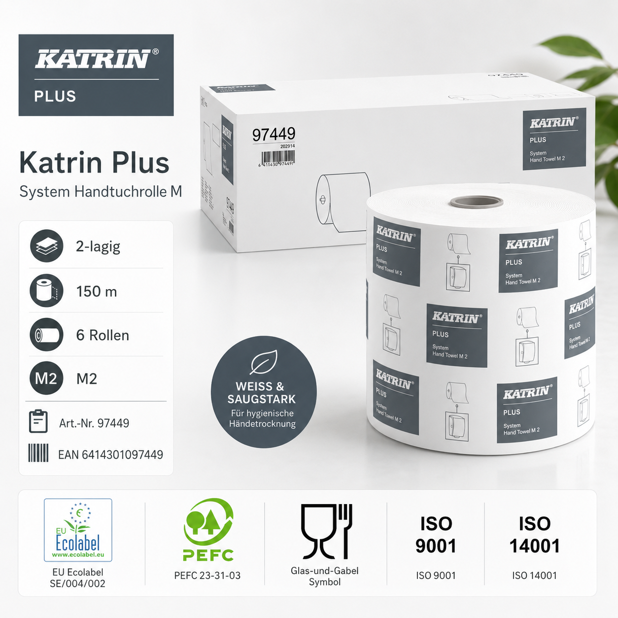 1 Karton 6 Handtuchrollen Katrin Plus 97449, 2-lagig, weiss, 150 m - M2