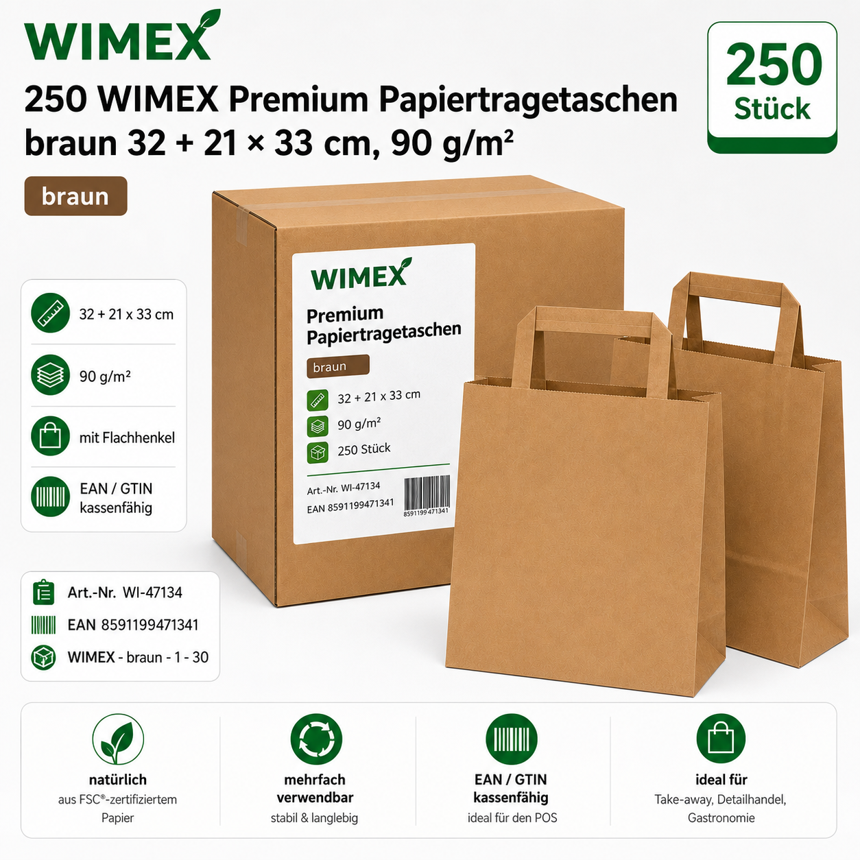 250 WIMEX Premium Papiertragetaschen braun 32 + 21 × 33 cm, 90 g/m²