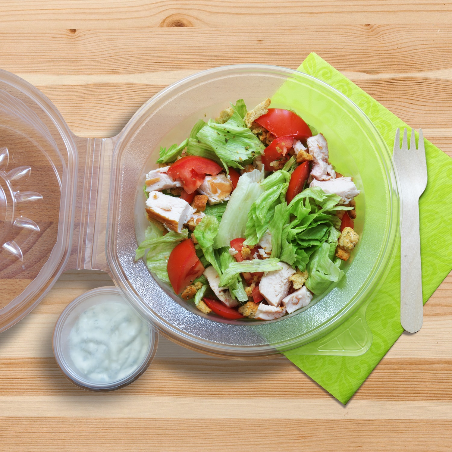 Salatschale (PP) mit Dipfach im Domdeckel klar 2100ml - 25 Stück