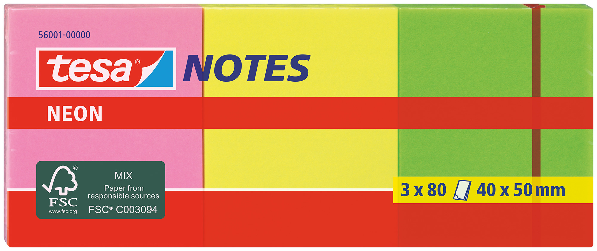 Neon Notes 40x50mm 3 Farben ass. 3x80 Blatt TESA 560010000