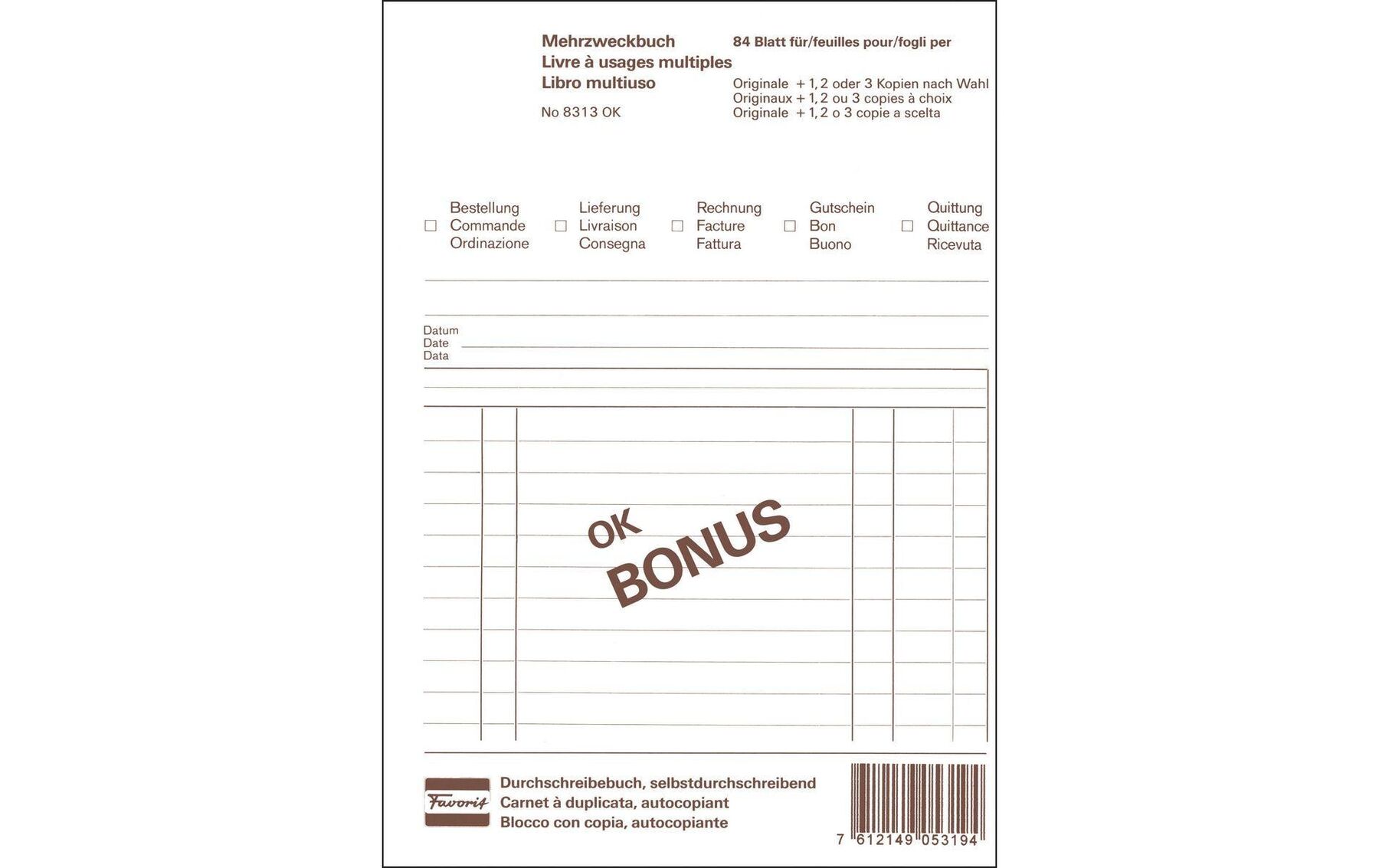 Mehrzweckbuch OK BONUS A5 OK Durchschreibepapier 84 Blatt FAVORIT 8313