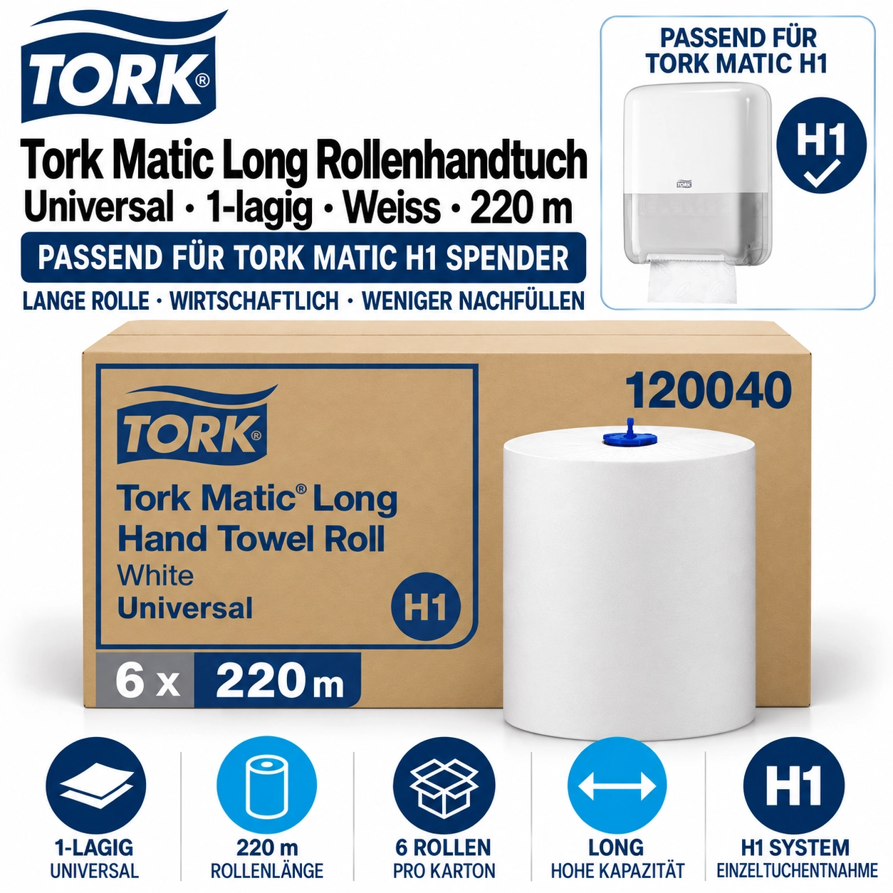 6 Rollen Tork 290016 Matic weiches Rollenhandtuch H1 Premium, 2-lagig weiss