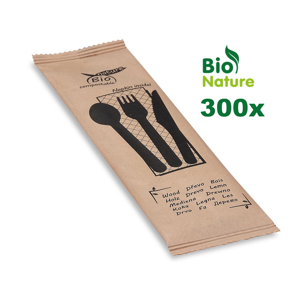 Besteckset aus Holz FSC 100% mit Serviette für Gastronomie und Take-away, Karton à 6 Packungen, 300 Sets
