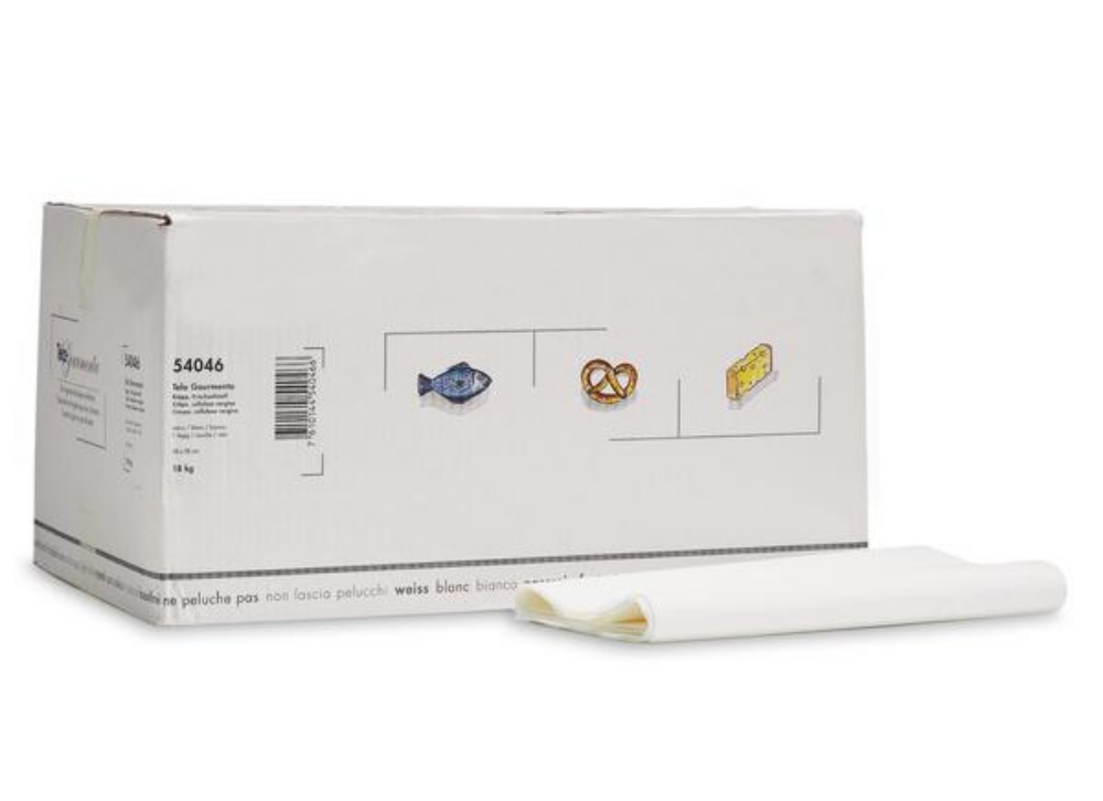 Lebensmitteltuch Gourmenta Krepp / Zellstoff, weiss, 1-lagig, 58 × 38 cm, 18 kg