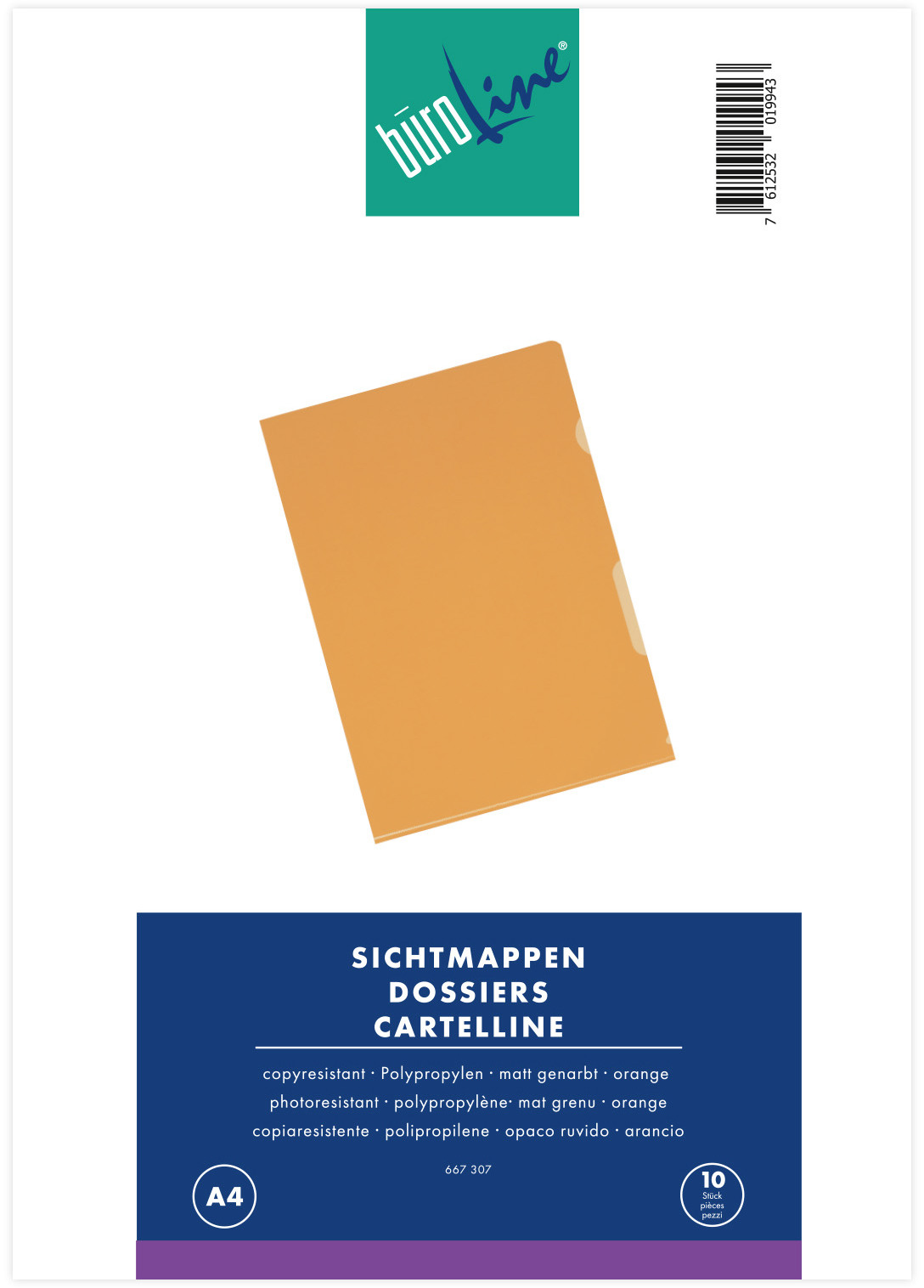 Sichtmappen PP A4 orange, matt 10 Stück BÜROLINE 667307