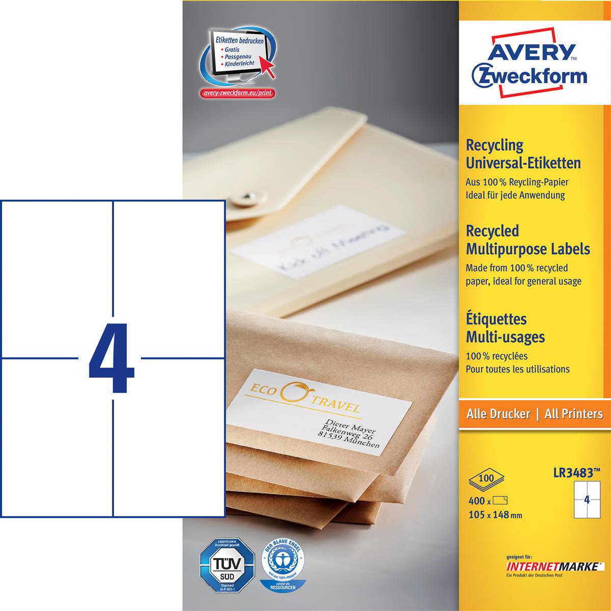 Etiketten 105x148mm recycling 400 Stück AVERY ZW. LR3483