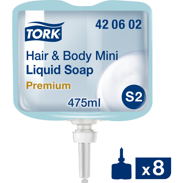 TORK 420602 Hair & Body Mini Flüssigseife Hellblau S2 - Karton à 8 Patronen