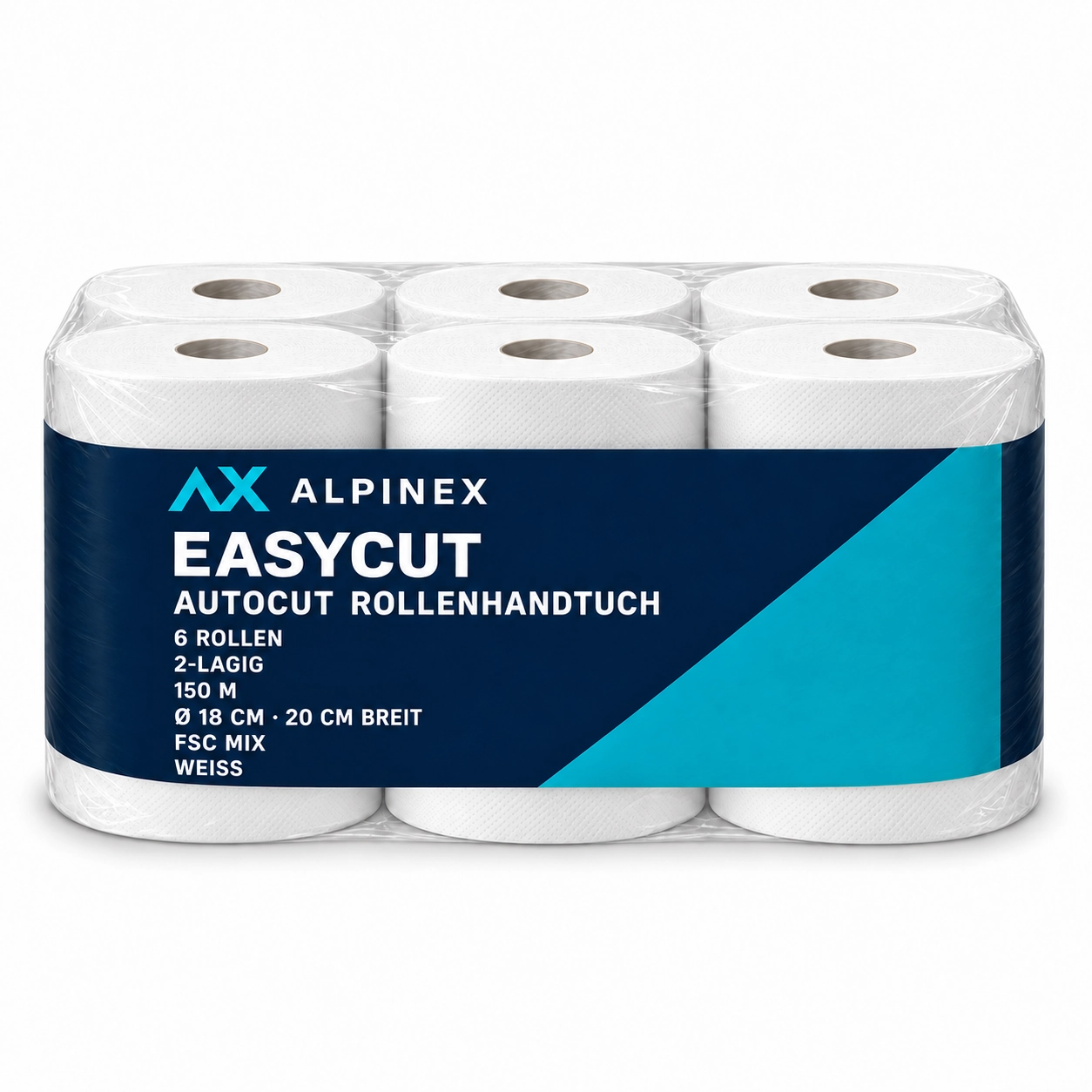 AlpineX EasyCut Rollenhandtuch weiss, 2-lagig, ca. 20 cm × 150 m – Pack à 6 Rollen