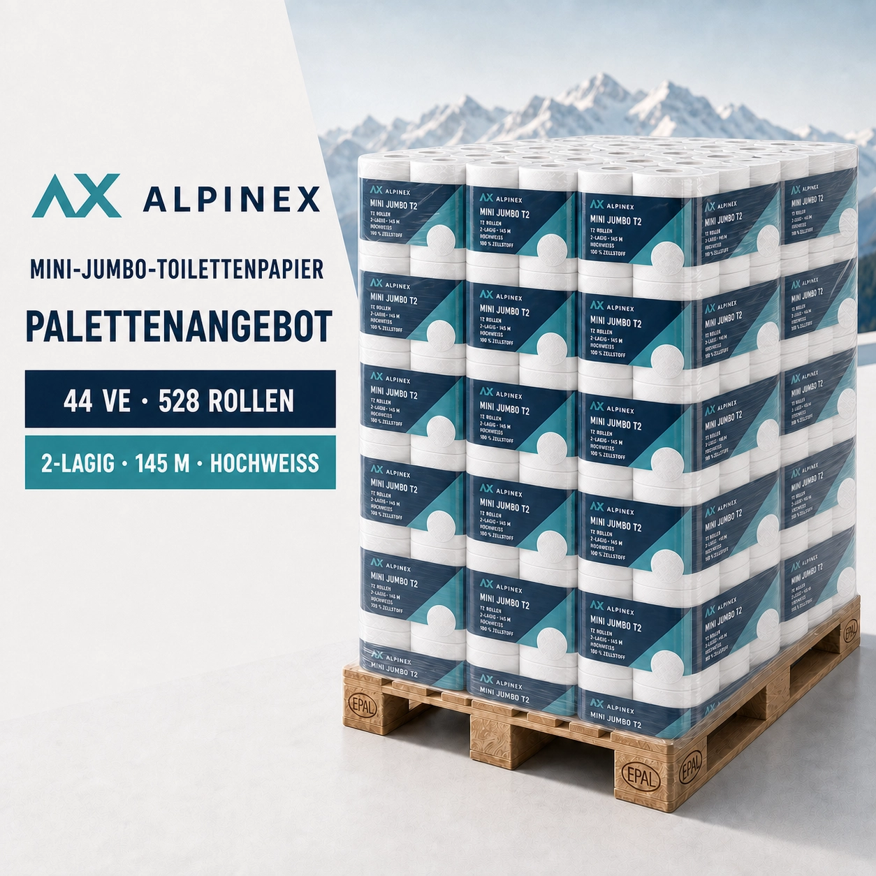 Alpinex Mini Jumbo Toilettenpapier 145 m, 2-lagig – Palette 528 Rollen