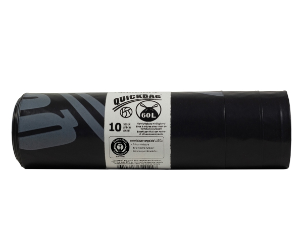 Kehrichtsäcke OKS mit Zugband 60 Liter, LD-PE Postconsumer Recycling, schwarz, 580 × 860 + 60 mm, 0 15 Rollen