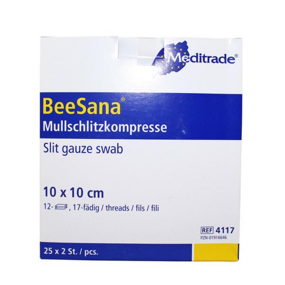 BEESANA Mullschlitzkompresse steril, 12-fach, 17 fädig, Y-Schnitt, 100 % Baumwolle, 10 × 10 cm 50 Stück