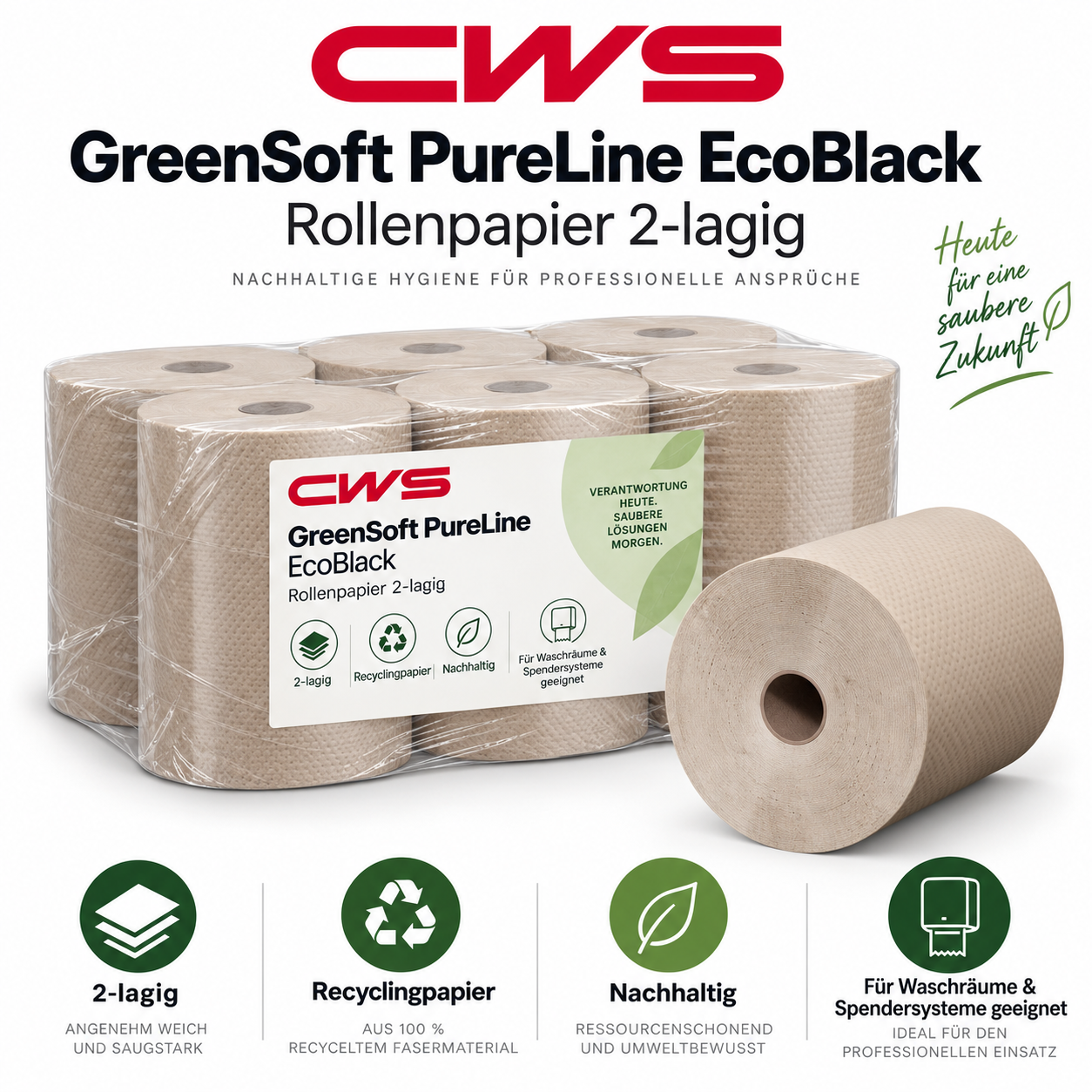 CWS GreenSoft PureLine EcoBlack Rollenpapier 2-lagig