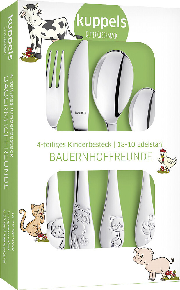 Kinderbesteckset Kuppels 4-tlg Bauernhoffreunde Edelstahl Kindermesser, -gabel, -löffel, -teelöffel, Geschenkverpackung