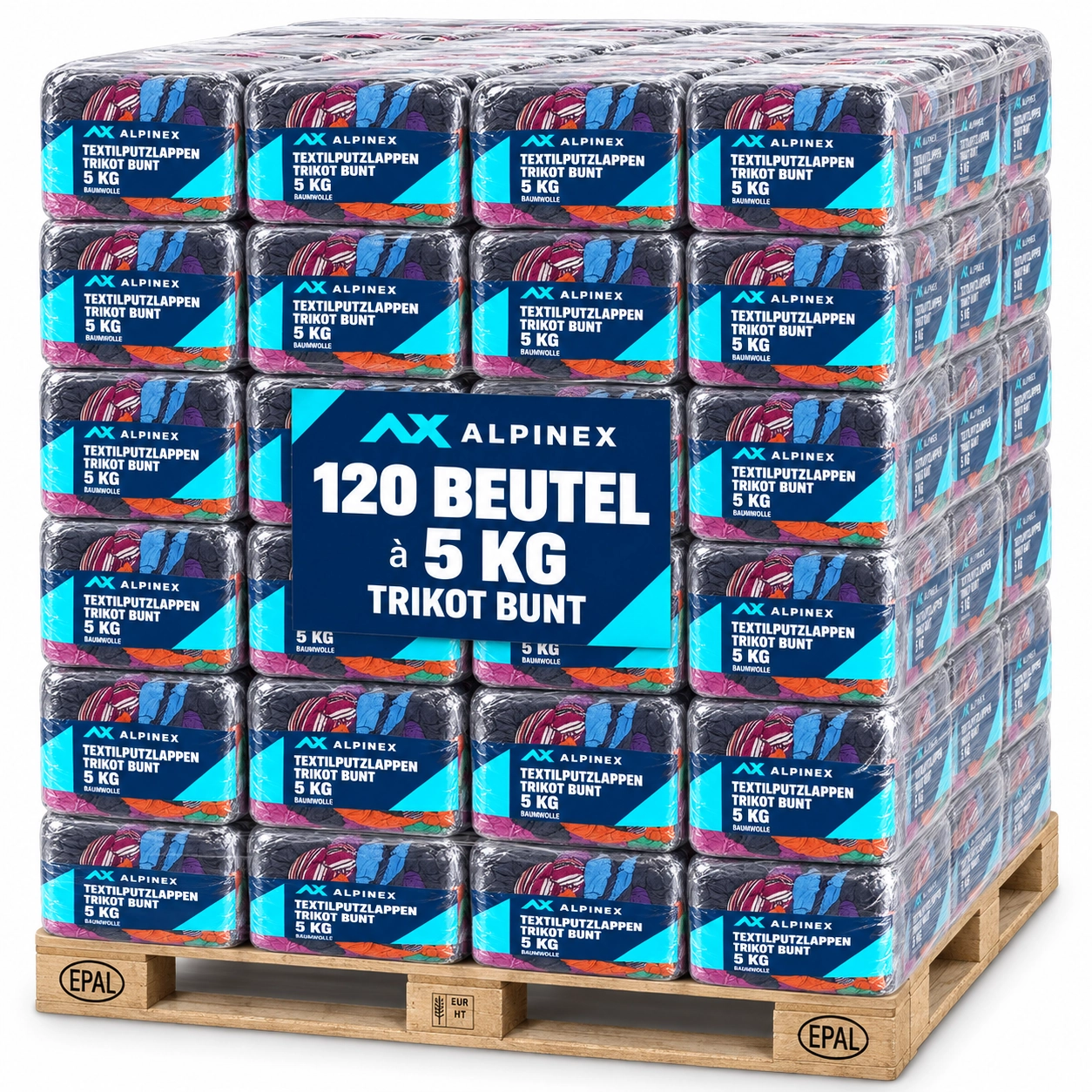 120 Packs Alpinex Trikot-Putzlappen bunt à 5 kg, 600 kg