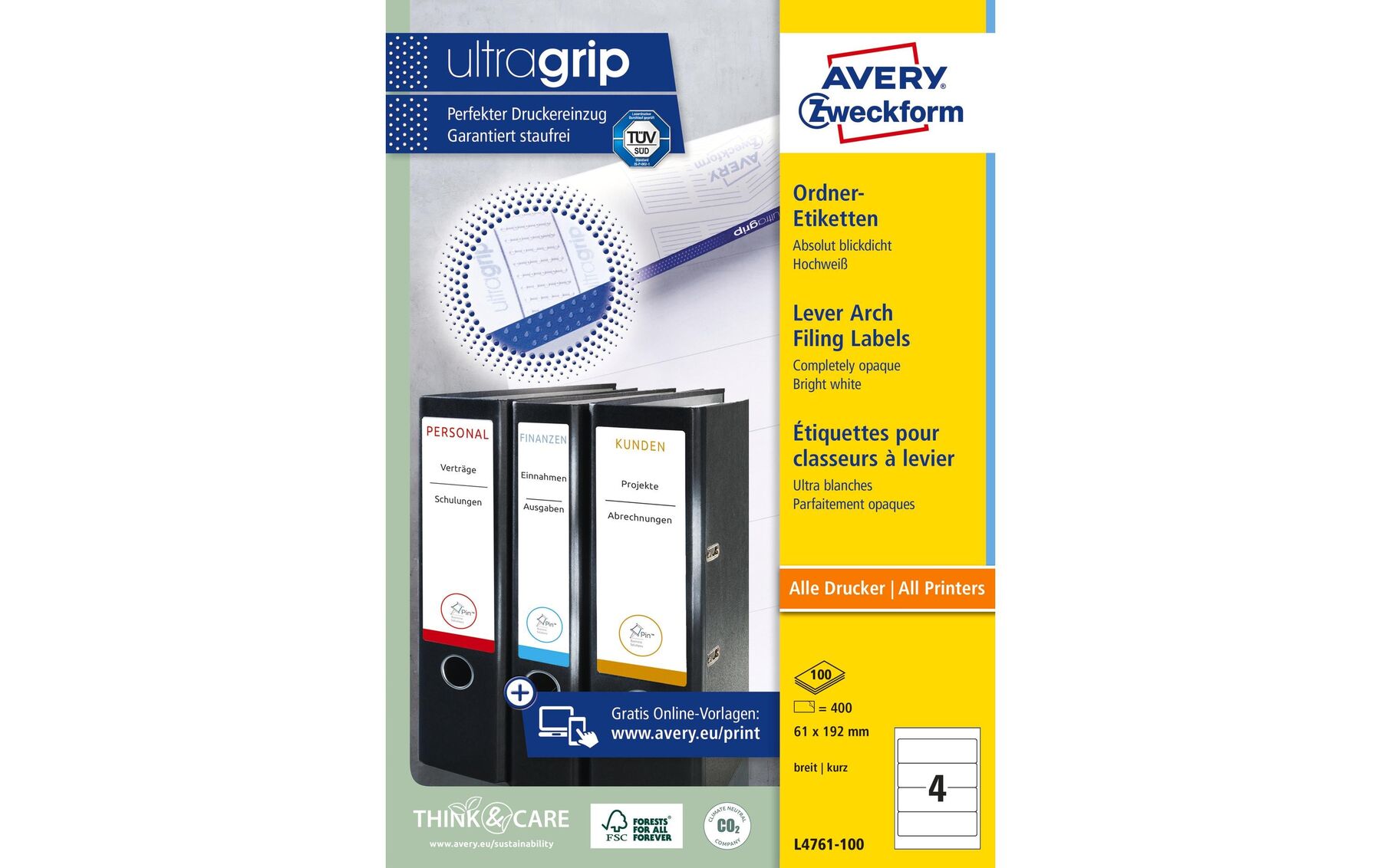 Ordner-Etiketten 61x192mm weiss 400 Stück/100 Blatt AVERY ZW. L4761-100