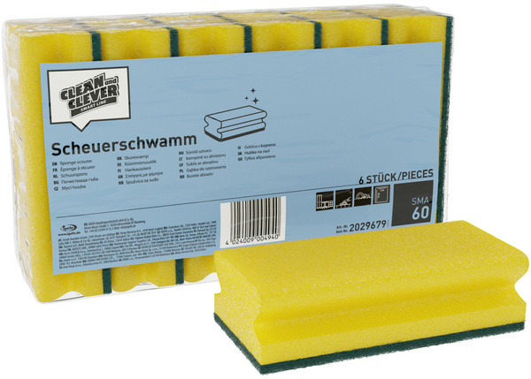 CLEAN and CLEVER Scheuerschwamm SMA 60, gelb / grün, gross, 15 × 7 × 4,5 cm (6 Stück)