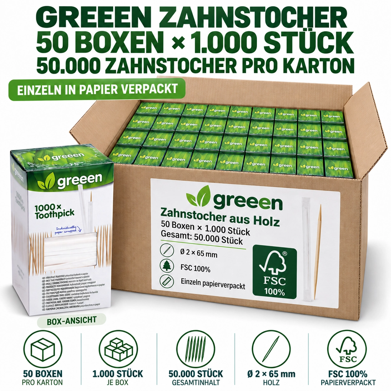 Zahnstocher aus Holz FSC 100% Ø 2 x 65 mm, einzeln in Papier verpackt, Karton mit 50 Packungen / 50000 Stück