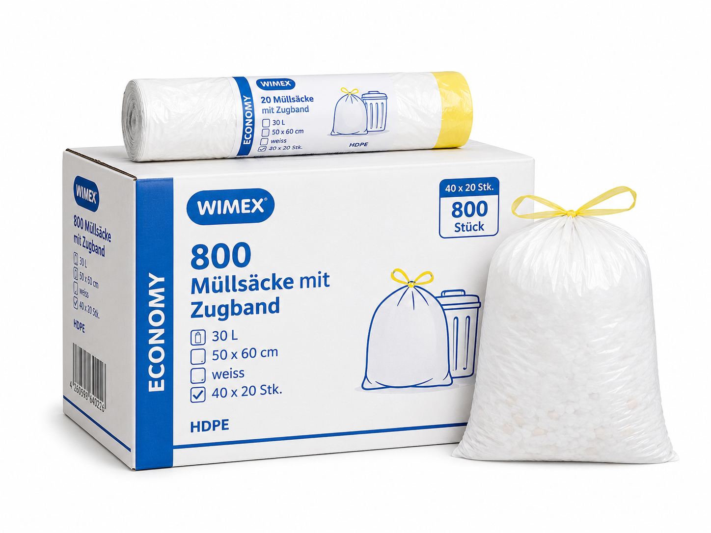 800 Mülleimerbeutel mit Zugband 30 L weiss HDPE – Karton à 40 Rollen