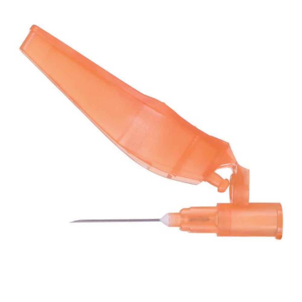 SOL-CARE Sicherheitskanüle 25G*1, Länge 25 mm, äusserer Durchmesser 0.5 mm, orange, steril, 100 Stück im Dispenser 100 Stück