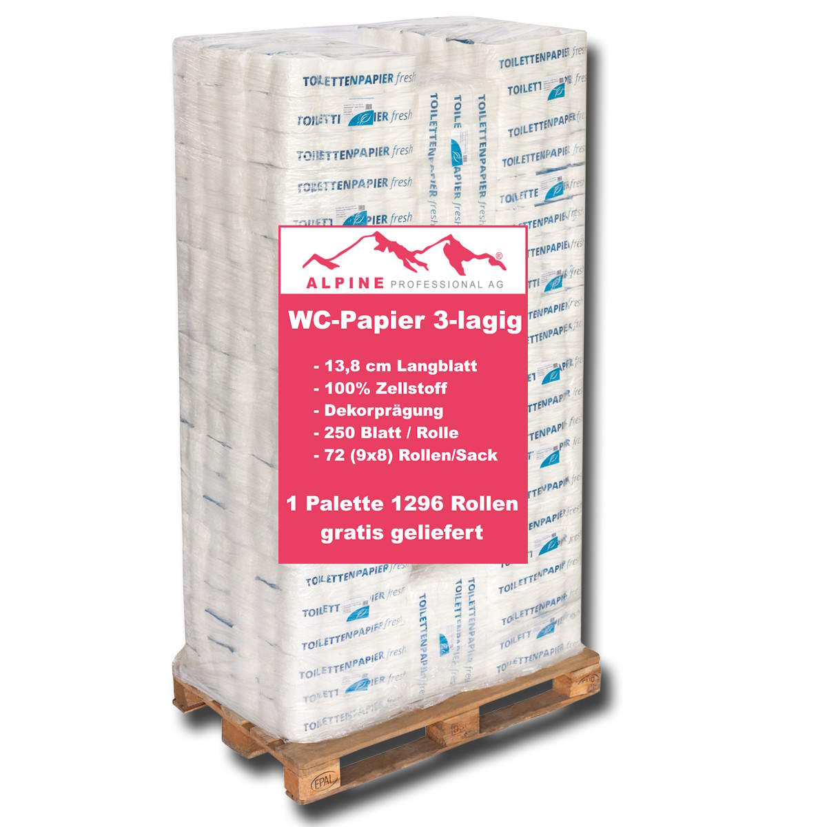 Palette Toilettenpapier Langblatt 3-lagig 250 Blatt Zellstoff 1296 Rollen