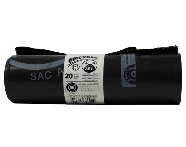 Kehrichtsäcke OKS mit Zugband 35 Liter, LD-PE Postconsumer Recycling, schwarz, 580 × 600 mm, 0,055 12 Rollen