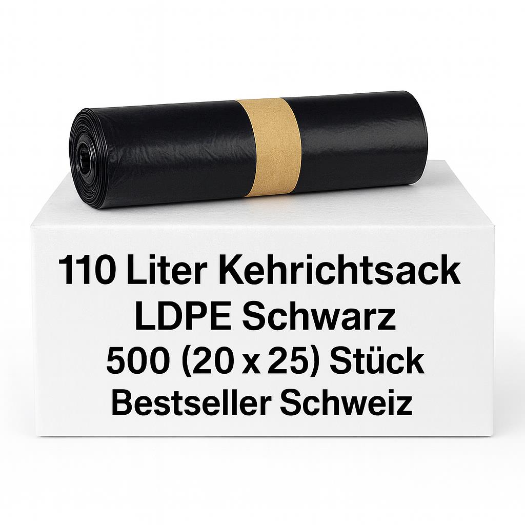 500x Kehrichtsäcke LDPE ECONOMY schwarz 70 × 110 cm – 110 L – 20 Rollen à 25 Stk.