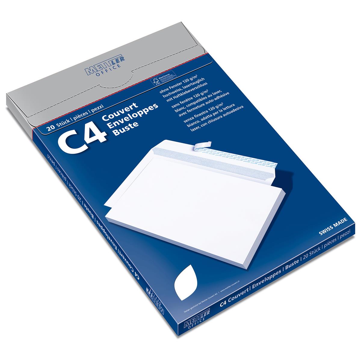 Couvert ohne Fenster C4 120g,hochweiss,Kleber 20  Stück METTLER 9066-120