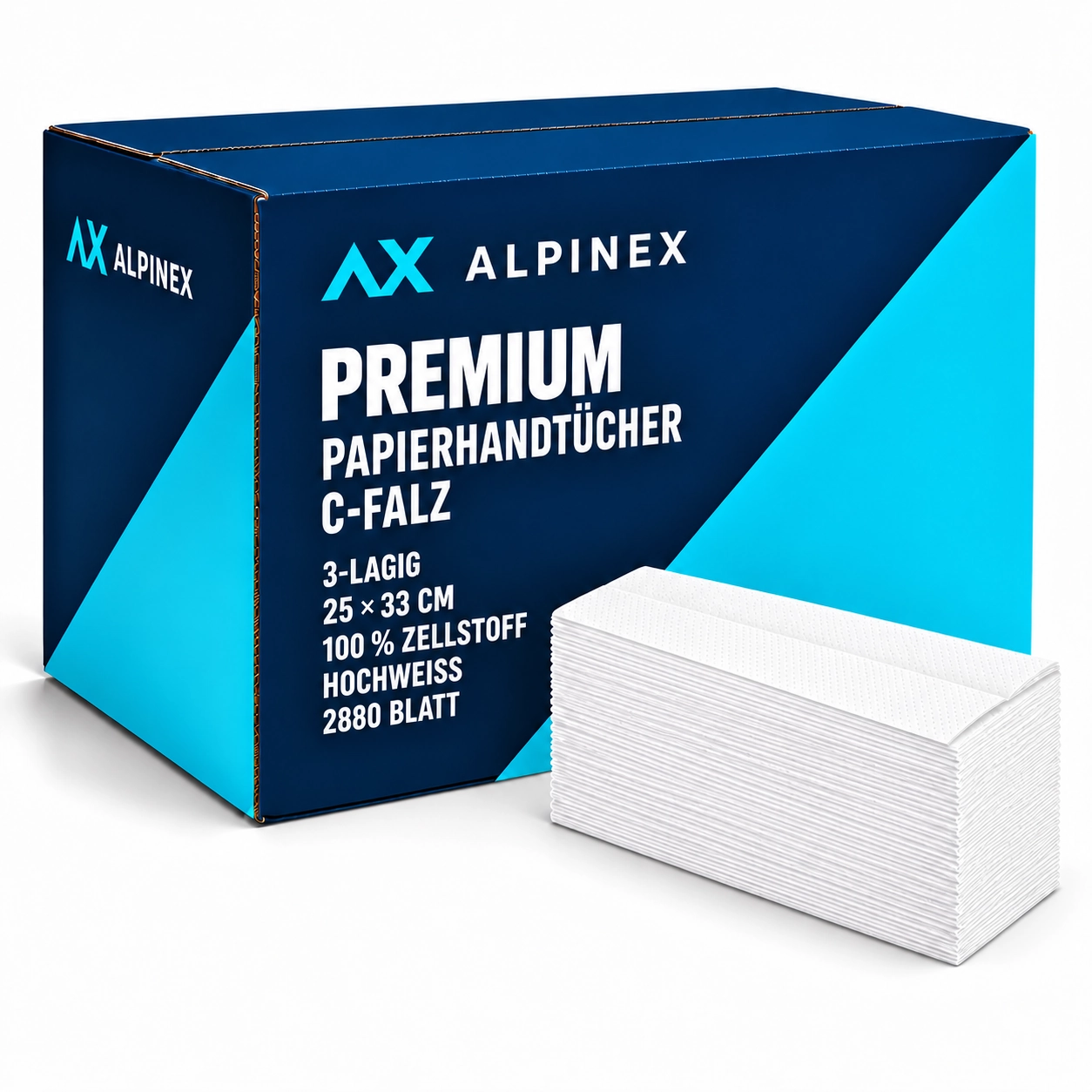 2’880 Alpinex Exklusiv Falthandtücher C-Falz, 3-lagig, hochweiss