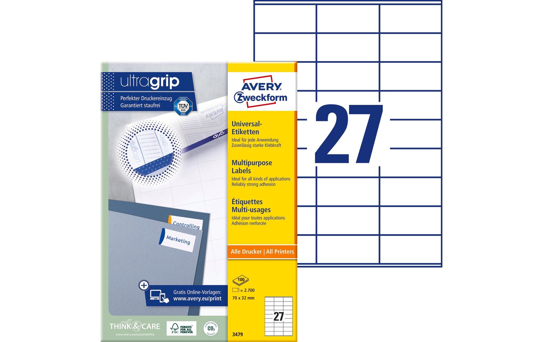 Universal-Etiketten 70x32mm weiss 2700 Stück/100 Blatt AVERY ZW. 3479