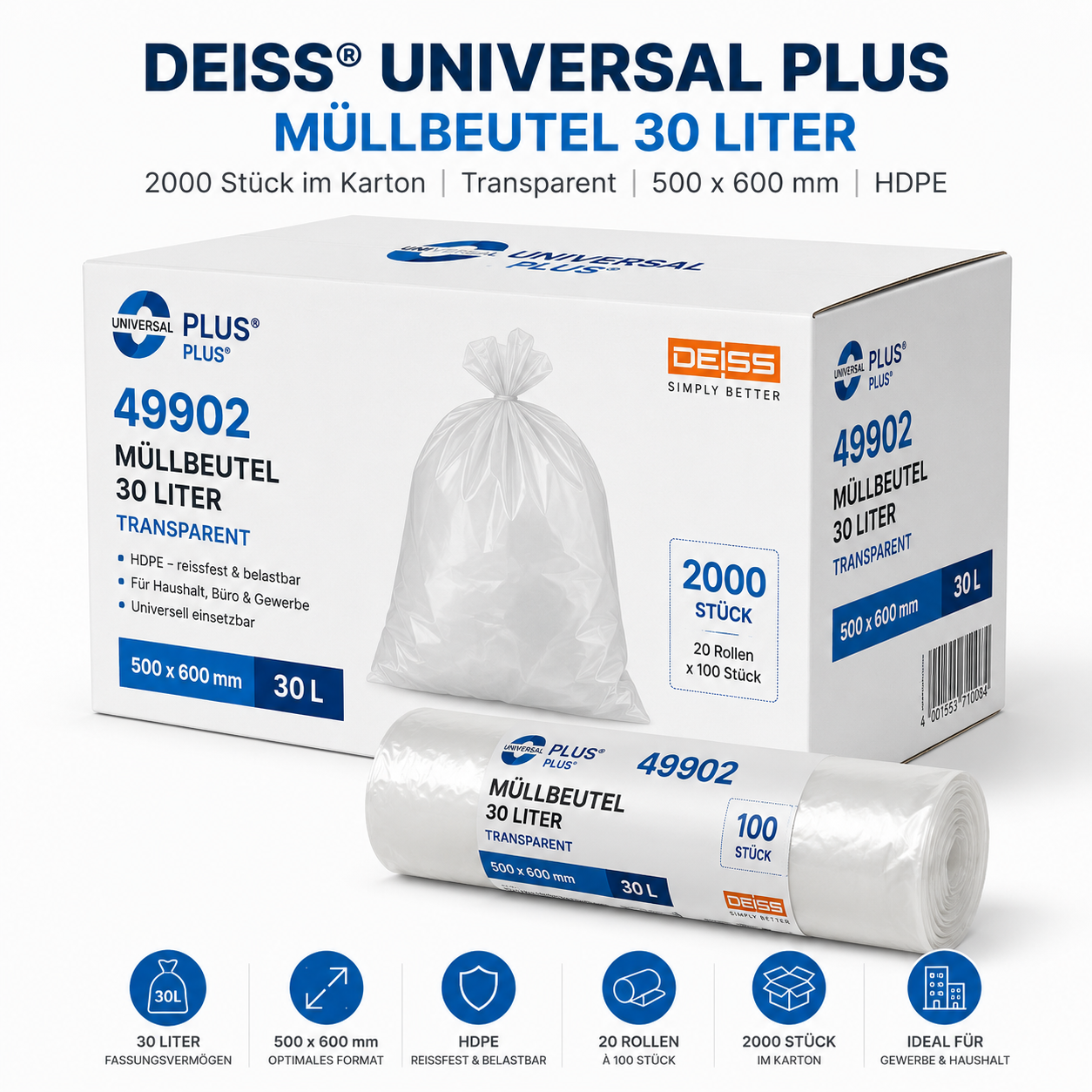 2000 Müllbeutel DEISS® 49902 UNIVERSAL PLUSl 30 Liter