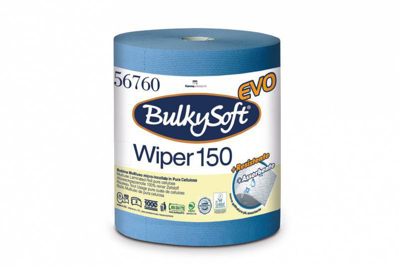 Papierwischtücher Maxi Bulkysoft Excellence, 3-lagig, blau, Zellstoff, 500Cps, 26x30cm, 150m - Pack à 2 Rollen