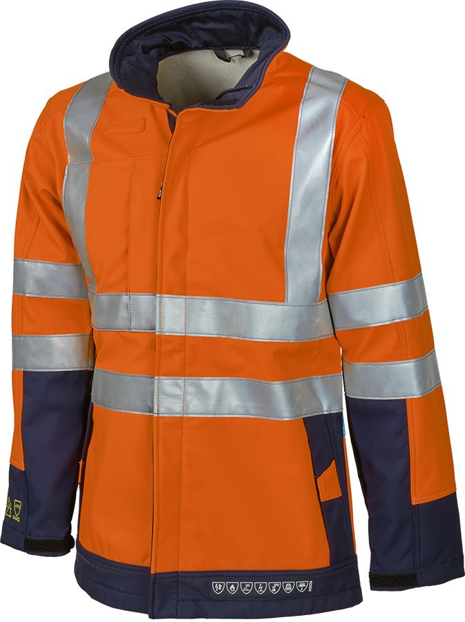 Warnschutz-Softshelljacke mit Störlichtbogenschutz SIOEN PLAYFORD, leuchtorange/dunkelblau