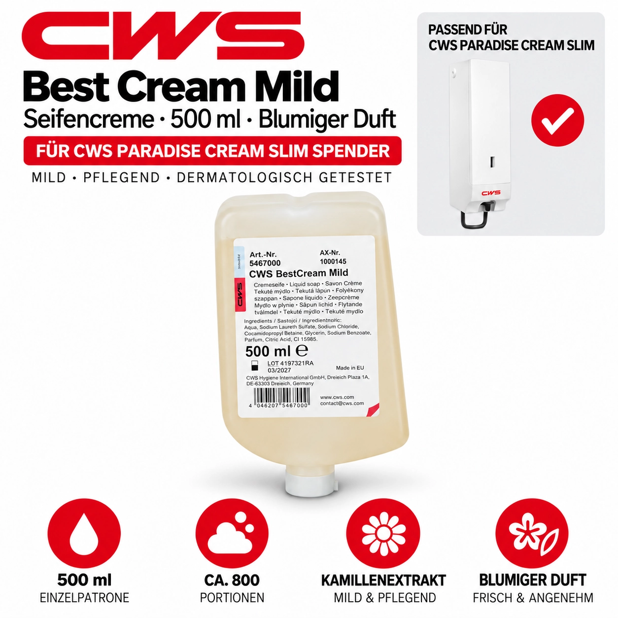 CWS Seifencreme Best Cream Mild - 500 ml Kartusche