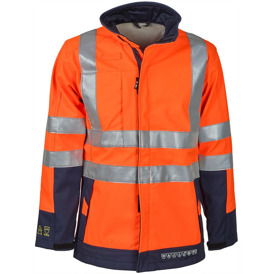 Warnschutz-Softshelljacke mit Störlichtbogenschutz SIOEN PLAYFORD, leuchtorange/dunkelblau