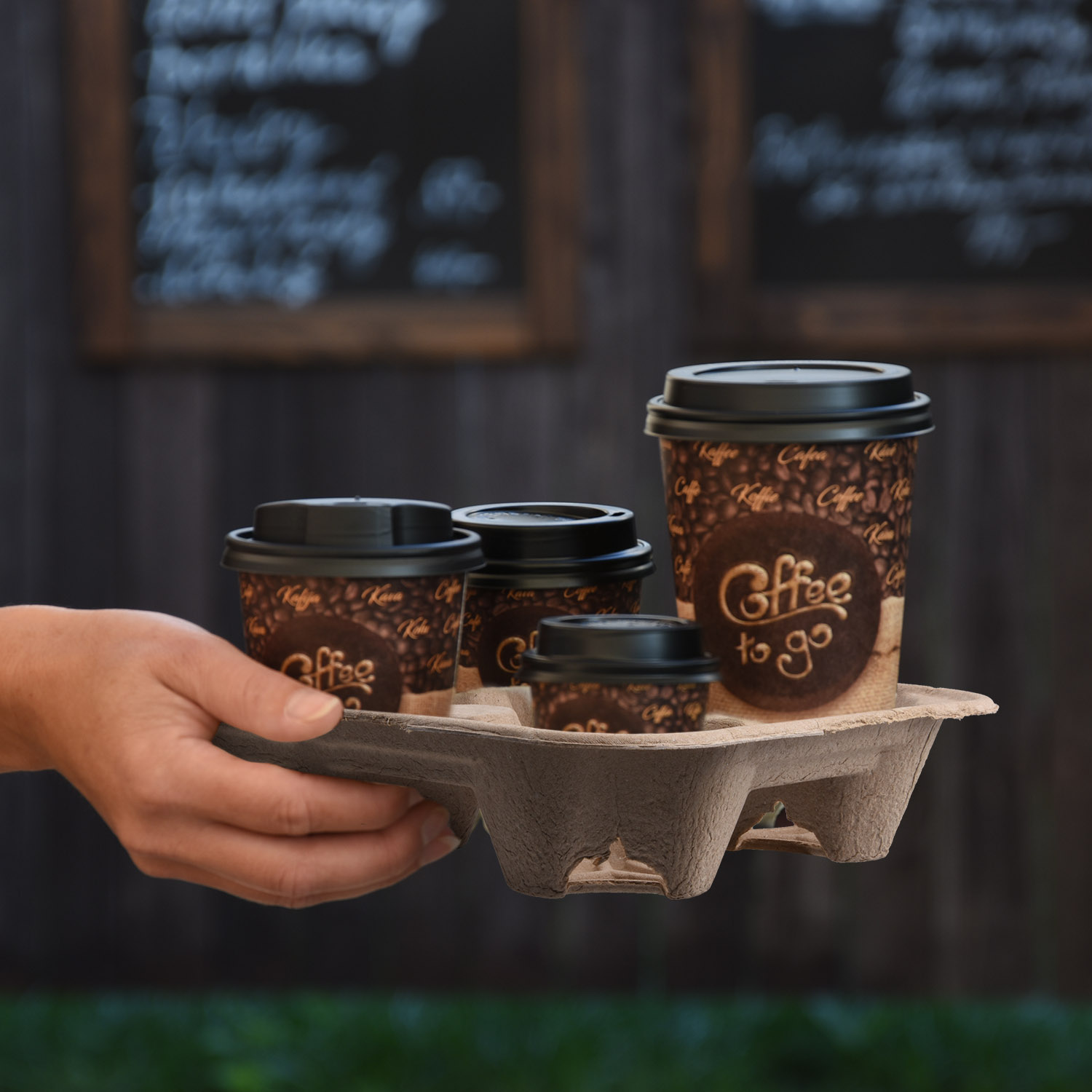 Tragetablett für 4 Becher aus PAP FSC Recycled natur, Packung mit 50 Stück