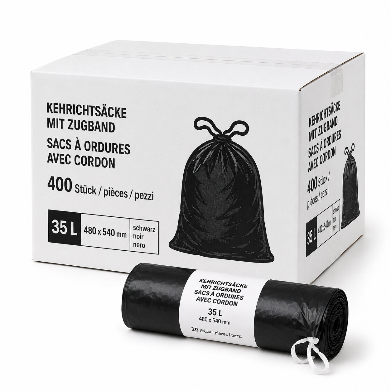 400 Kehrichtsäcke mit Zugband 35 L schwarz - Karton