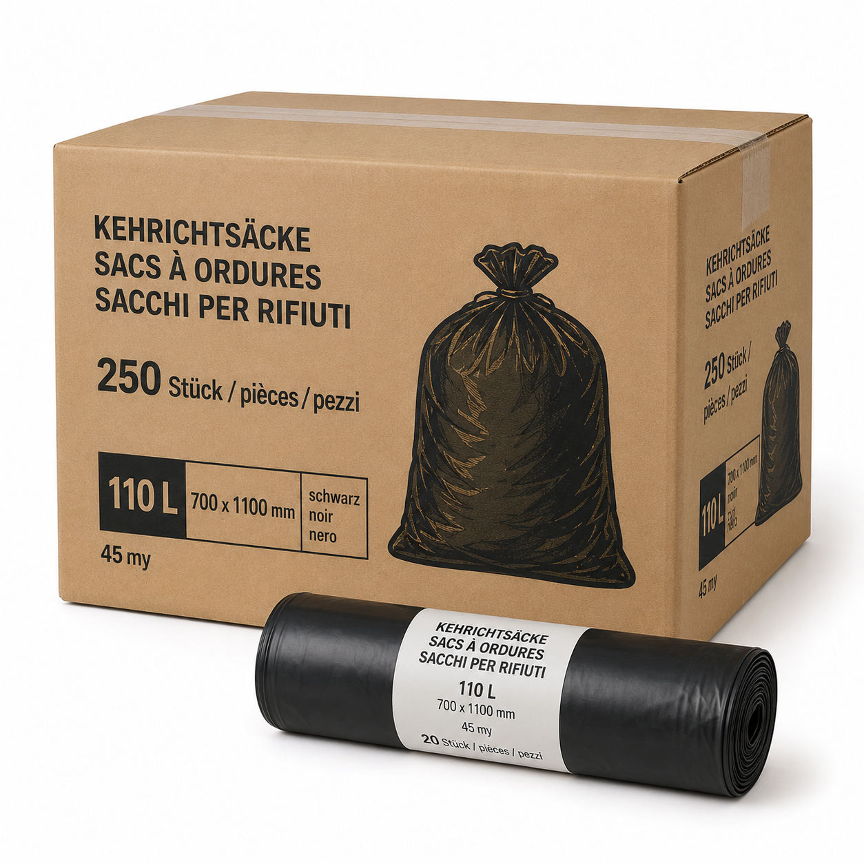 250 Kehrichtsäcke 110 L schwarz 45my im Karton