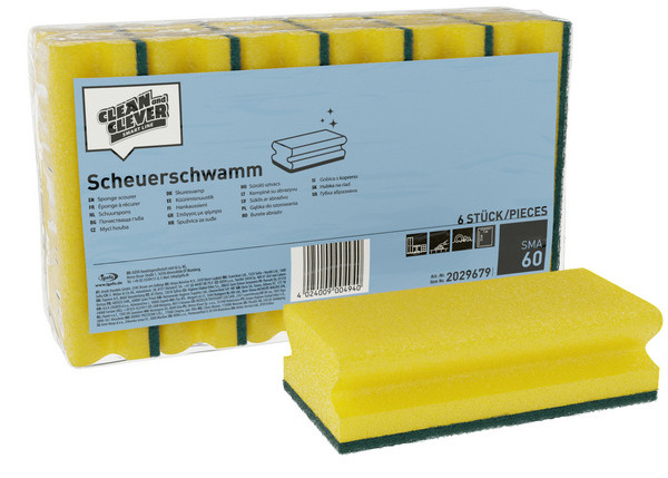 CLEAN and CLEVER Scheuerschwamm SMA 60, gelb / grün, klein, 9,5 × 7 × 4,5 cm (6 Stück)
