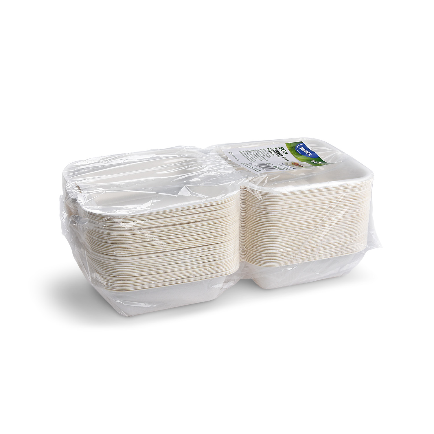 Burgerbox aus Zuckerrohr-Bagasse 152 x 150 x 78 mm, Packung mit 50 Stück für Take-away und Service