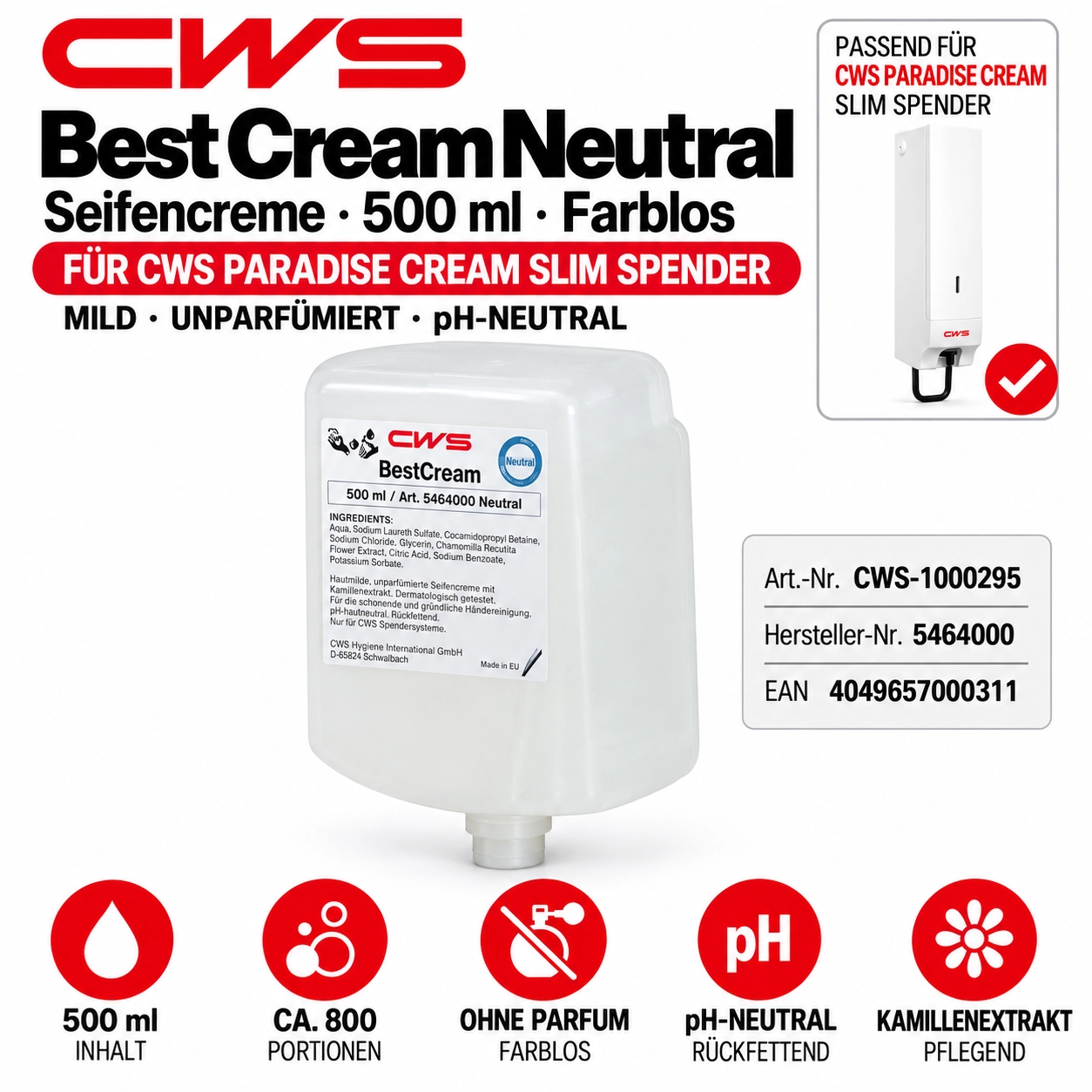 CWS Seifencreme Best Cream Neutral farblos - 5464000 - 500 ml Kartusche