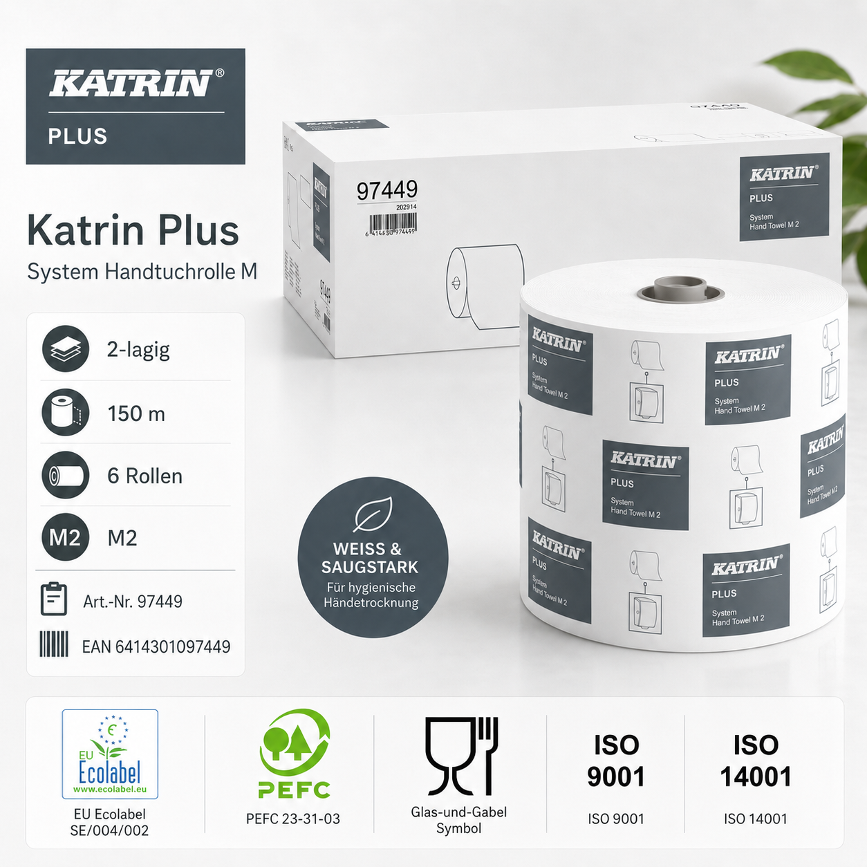 1 Karton 6 Handtuchrollen Katrin Plus 97449, 2-lagig, weiss, 150 m - M2