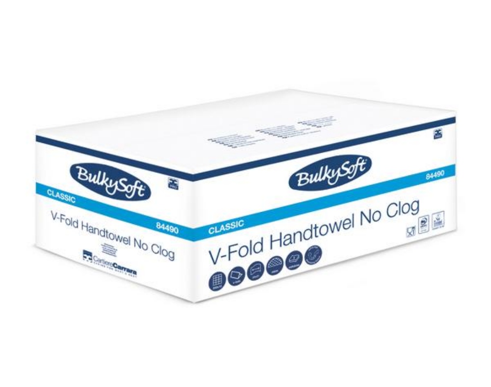 Bulkysoft Classic Handtuch V-Falzung, Zellstoff, 2-lagig, weiss, 24 × 21 cm, Tiefe gefaltet 10,5 3000 Blatt